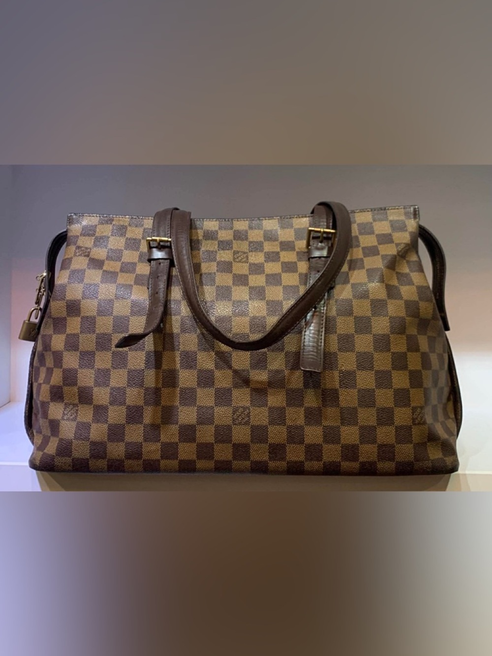Louis Vitton Brown Checkered Leather Tote Bag